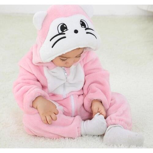 Newborn Baby Boy Girl Clothes Romper Zipper Toddler Onesie Cartoon Cat Rompers Flannel Winter Warm Soft Baby Infant Costume