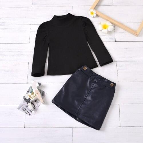 Fashion Childrens Two Piece Set Girls' Knitted High Neck Bubble Sleeve Sweater Button Leather Skirt for Kids