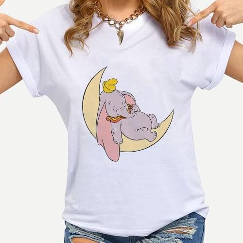 Disney Animated Films T Shirt Women Casual Harajuku Unisex T-Shirt Funny Dumbo Elephant Sleeping In The Moon Print T Shirt Tops