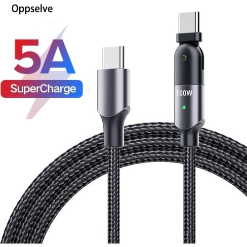Oppselve 60W/100W Type C to USB C PD Cable 180 Degree Rotate Straight Elbow For Samsung Xiaomi Huawei 5A Fast Charging Wire Cord