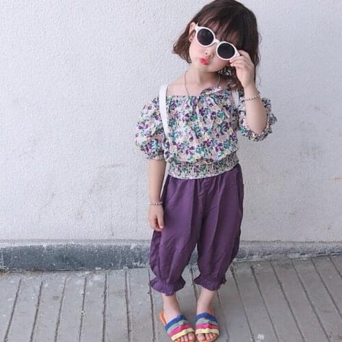 2021 Summer Net Red Girls Suit Purple Floral One-Shoulder Short-Sleeved Top + Two-Piece Anti-Mosquito Bloomers