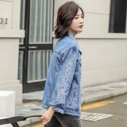 Fashion Embroidery Long Sleeve Cowboy Coat Loose Lapel Korean Student Denim Jacket Tops Spring Autumn New Womens Retro Chaqueta