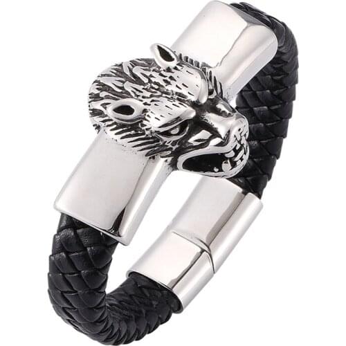 Fashion Men Jewelry Stainless Steel Wolf Head Bracelet High Quality Leather Woven Wristband Charm Bracelet Gift SP0286