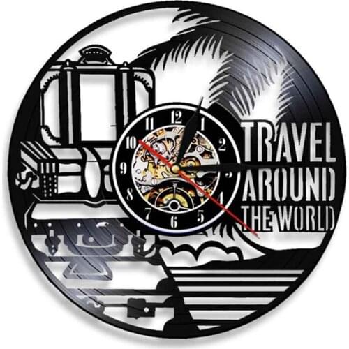 Travel Around The World Vacation Tourism Wall Clock Travel Doodles Vinyl Record Wall Clock Travel Planner Decorative Wall Watch