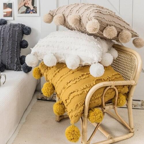 Tassels Pompom Pillow Cover Sofa Home Decoration Square Pillow Case White Yellow Grey Black 45x45cm Cushion Cover Pillowcase