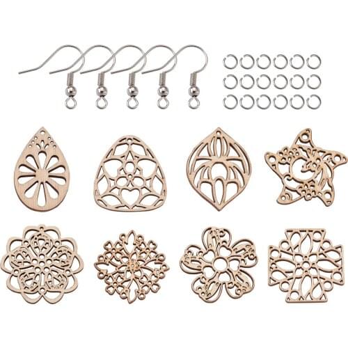 Unfinished Wooden Earrings Blank Filigree Flower Teardrop Wood Pendant Charm with Earring Hook for Jewelry Making Kit DIY Supply