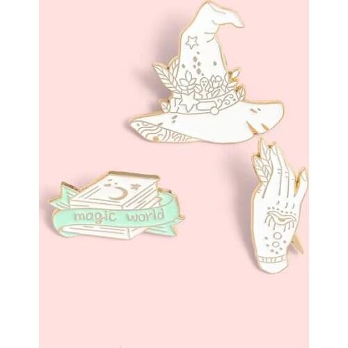 Wholesale Magic World Enamel Pins Custom Witch Book Hat Hand Brooch Shirt Lapel Badge Bag Wizard Jewelry Gift for Kids Friends