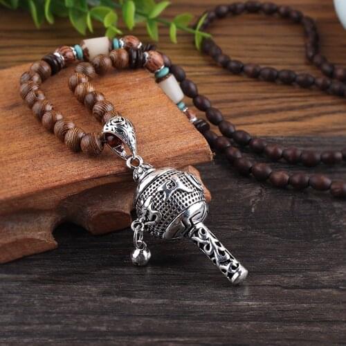 New Tibet Prayer Wheel Charms Pendant Necklace Buddhist Mala Wood Beads Necklaces Vintage Mantra Long Sweater Necklace
