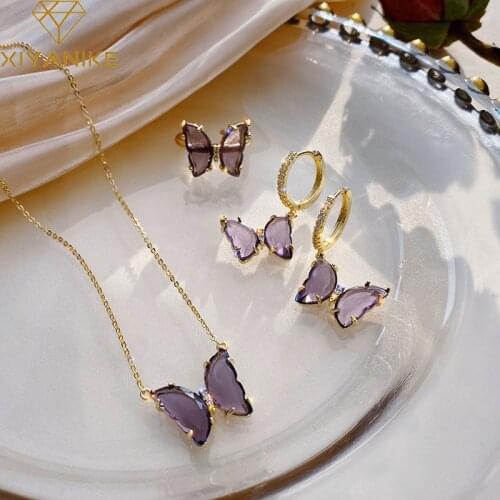XIYANIKE Transparent Crystal Elegant Purple Butterfly Earrings Ring Necklace Jewelry Fashion Earrings For Women Girl Gift