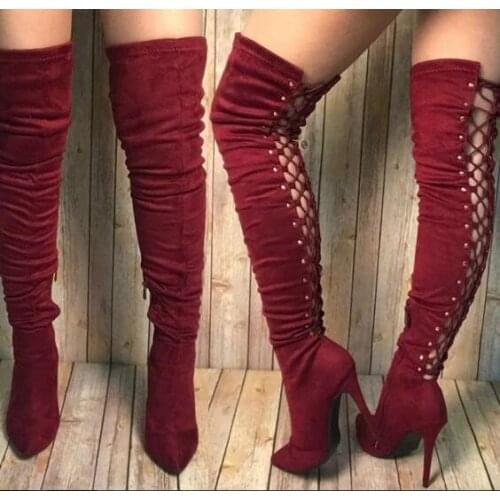 Drop Shipping Woman Fashion Black Burgundy Suede Pointed Toe Over The Knee Boots Cross Lace Up Cuts Out Thin Heels Long Boots