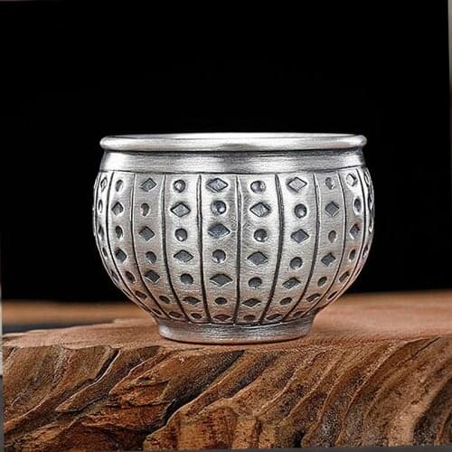 Silver tea cup 999 sterling silver cup hand-engraved double-layer household kung fu sketch tea cup silver cup