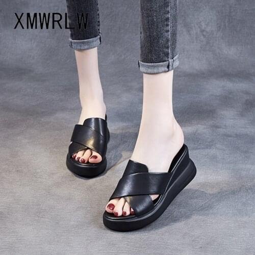XMWRLW 2021 Summer Womens Genuine Leather Slippers Solid Color Female High Heels Shoes Women Platform Slippers Summer Shoes