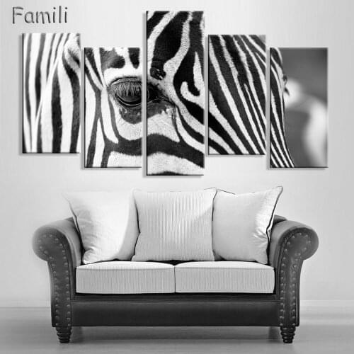 Wholesale Modern 5 Pieces Animal HandPainted oil Canvas Painting Picture Face Of Zebra Living Room Decor