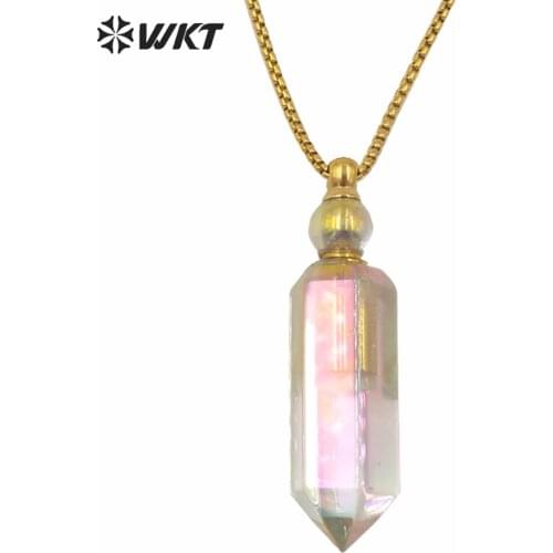 WT-N1261 Hot sale natural crystal quartz point essential oil necklace stainless steel chain natural Aura perfume bottle necklace