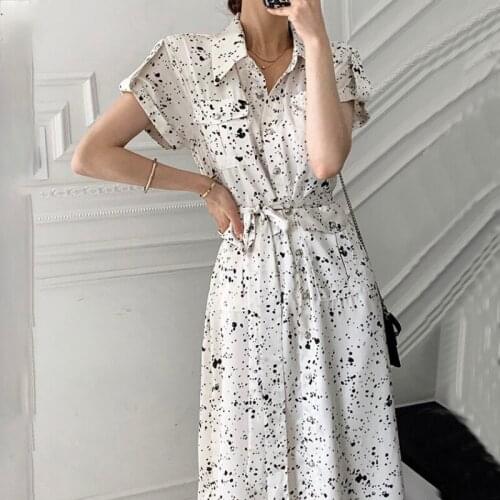Women Elegant Irregular Dots Long Shirt Dress Sashes 2021 New Stand Collar Single Breasted Slim Waist A-line Sundress