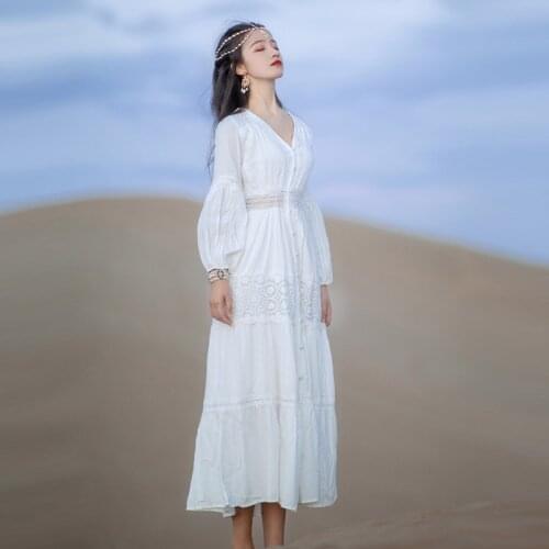 Fairy White Dress Vintage Cotton V-Neck Lantern Sleeve Hollow Out Long Maxi Dresses For Large Size Women Bohimian Boho Vestido