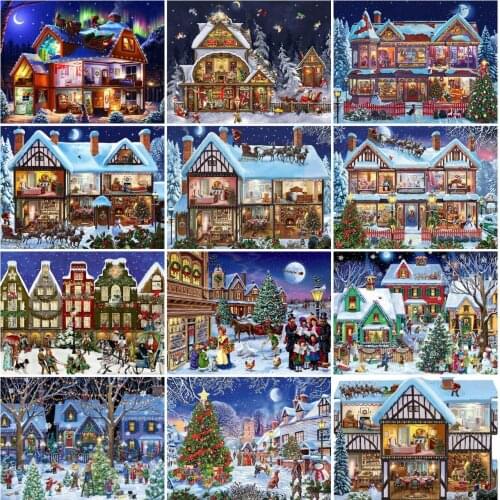 AZQSD Diamond Painting Christmas House Snow Cross Stitch 5D Diamond Embroidery Landscape Mosaic Handmade Home Decor Gift