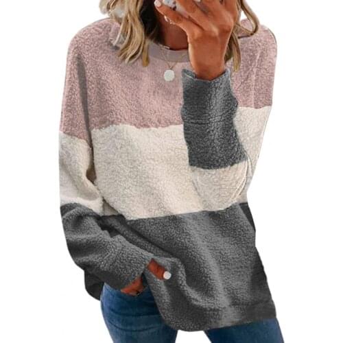 Blouse Women Autumn Winter Long Sleeve Sweatshirt Plush Color Block Blouse Pullover