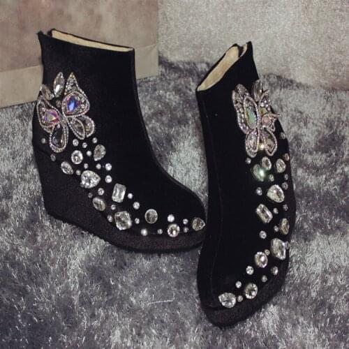 Bling Diamonds Butterfly Ankle Boots Wedge High Heels Platform Black Velvet Boots Winter Crystal Pointed Toe Knight Bottines