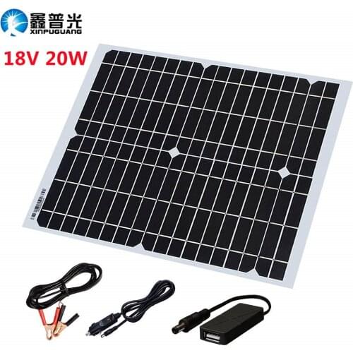 20W 18V Solar Panel Kit With DC Alligator Clip+Cigarette Lighter+DC to USB Cable For Mobile Phone Tablet Car Battery Charging