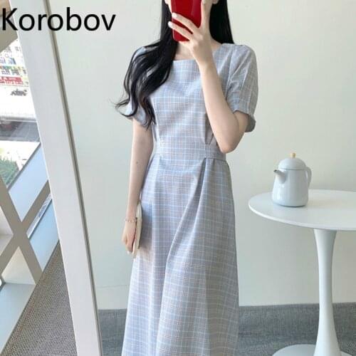 Korobov Korean Fashion Elegant O Neck Women Dress Vintage Plaid High Waist Female Dresses 2020 Summer New Vestidos Mujer