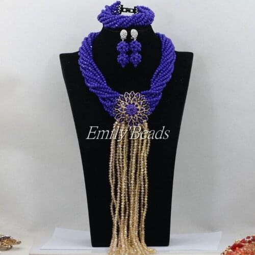 Royal Blue/Champagne Gold Nigerian Wedding African Crystal Beads Jewelry Set Indian Bridal Necklace Set Free Shipping AIJ024