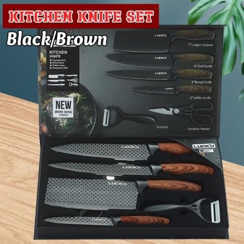 Kitchen Knife Set 6 PCS Chefs Knife Slicing Knife Butcher Knife Forged with Scissors and Ceramic Peeler