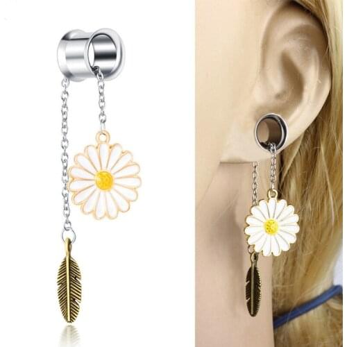 New 8-25mm stainless steel Flower Leaf dangle ear plugs woman ear tunnel body jewelry expander gauges piercing pair stretcher