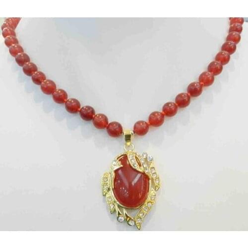 Charming 8mm Red Ruby Round Beads Gems Oval Gold Color Pendant Necklace 18"