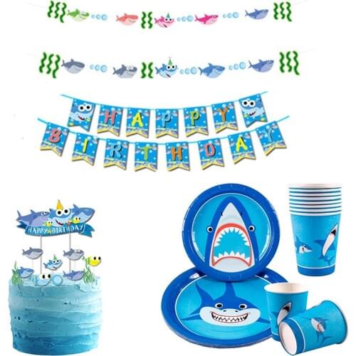 Ocean Shark Disposable Tableware Animal Pattern Paper Plates Cups Hanging Banners Ornaments Kids Birthday Party Supplies