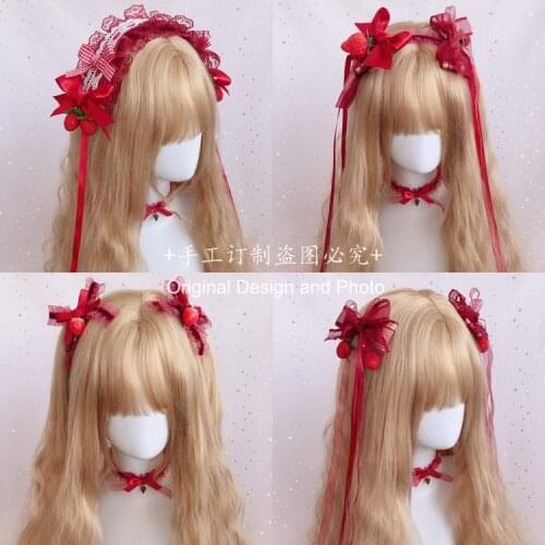 Handmade KC Lolita Headdress Sweet Cute Strawberry Lace Trim Bowknot Long Streamer Hair Clasp Soft Sister Kawaii Daily Hairpin