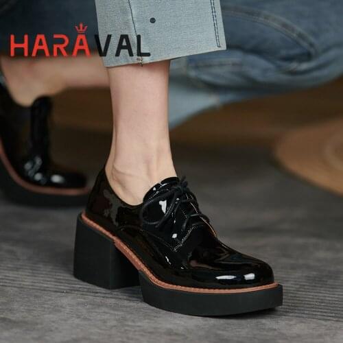 HARAVAL Women Pumps Shoes High Thick Heels Black White Patent Leather Mary Janes Office & Caree Sewing Spring Autumn Style B378