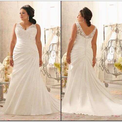 Vestido de noiva Straps pleated v-neck bodice mermaid plus size bridal gown with buttons back 2018 mother of the bride dresses