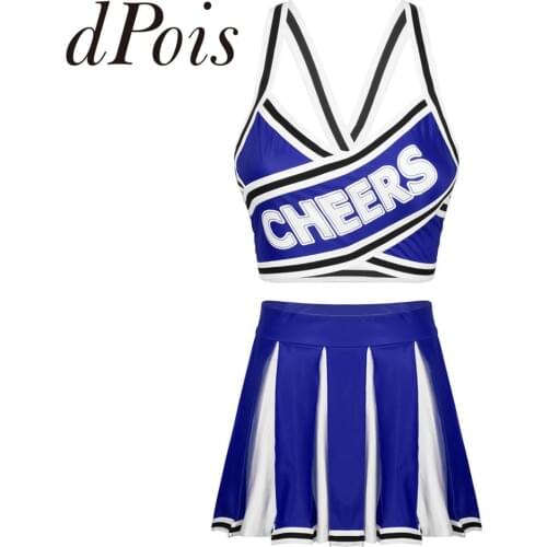 2Pcs Women Adults Cheerleader Costume Cheerleading Uniform Outfit Elastic Striped Straps Crop Top with High Waist Pleated Skirt