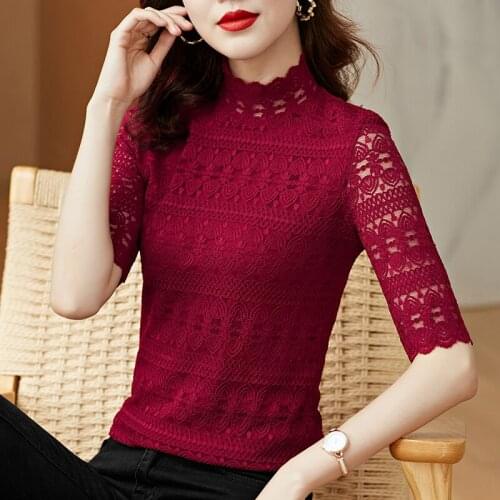 Lady Embroidery Lace Half Sleeve High Neck Slim Top Women Spring Autumn Solid Color Elegant All-match Casual T-shirt Clothes