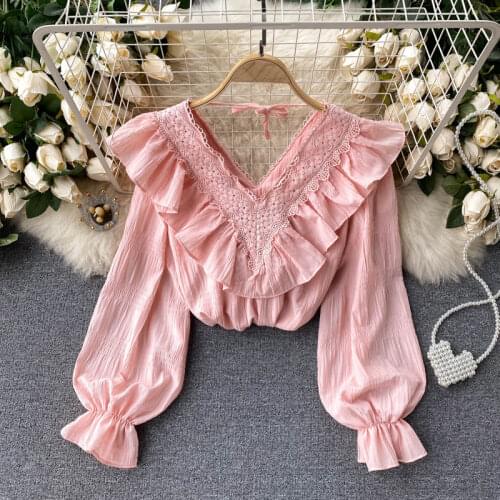 Summer Women Pullover Shirt Long Puff Sleeve Ladies Tops Loose V-neck Ruffles Hem Short Thin Blouses Feminine Sweet Overshirt