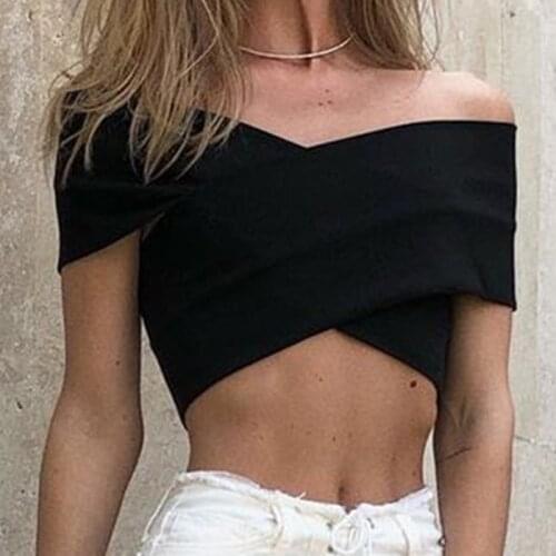 INGOO Off Shoulder Strapless Ladies Tank Top 2021 Summer Elegant Sexy Chest Cross Solid Slim Short Sleeve Bandage Cropped Tops