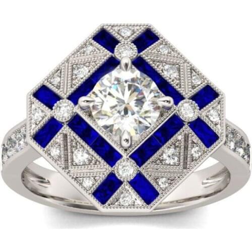 Size 6-10 Top Selling Vintage Fashion Jewelry 925 Silver Fill Trapezoid White&Blue Zirconia Promise Women Wedding Band Ring Gift