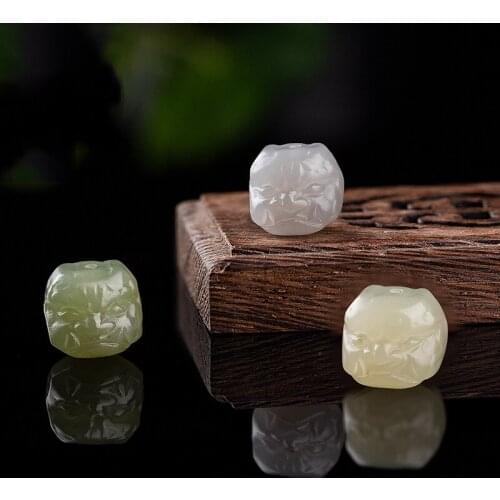 1 Pc Natural Nephrite Beads Hetian Jade Green White Carving Lion Head Single Separated Beads DIY Bracelets Jewelry Accessories