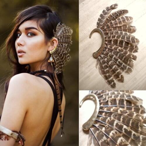 African Big Feather Ear Cuff Gold Clip Earrings Without Piercing For Women Men Wedding India Halloween Tribal Ethnic Jewelry