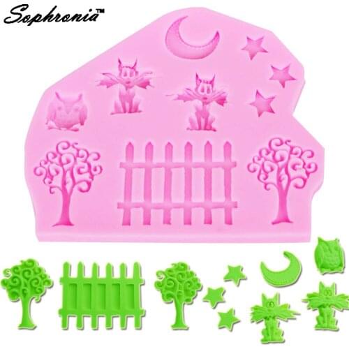 10PCS/SET Garden Cake Mold Silicone Cat Moon Star Tree Fences Owl Silicone Fondant Mold Sugar Baking Craft Cake Decorating M102