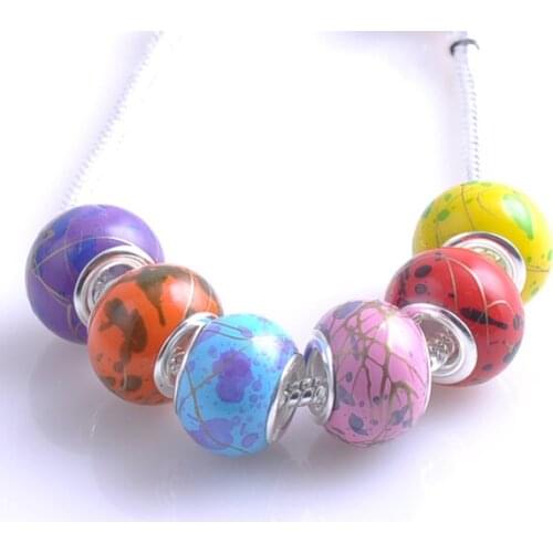 10PCS silver plated Resin Flat Round Charm Beads fit European Jewelry Braclet DIY 9x14mm DKZ038X