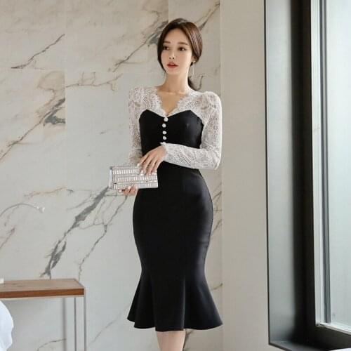 2021 Winter Spring Long Sleeve Ruffle Trumpet Wrap Dress Korean Style Lace Patchwork Corset Black Dress Ladies Plus Size Jurken
