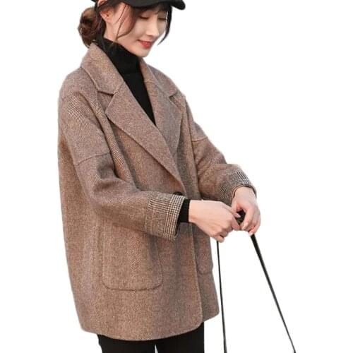 2021 New Spring Autumn Herringbone Woolen Blazer Womens Short Woolen Coat Plus Size Casual Jacket Outerwear Chaqueta De Lana 4XL