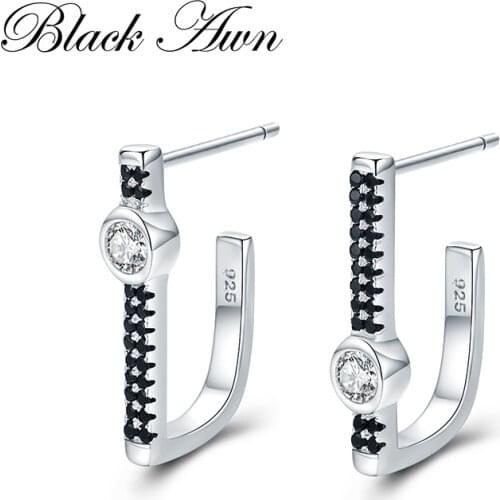 [BLACK AWN] Trendy 925 Sterling Silver Earrings Flower Black Spinel Wedding Stud Earrings for Women Silver 925 Jewelry I018