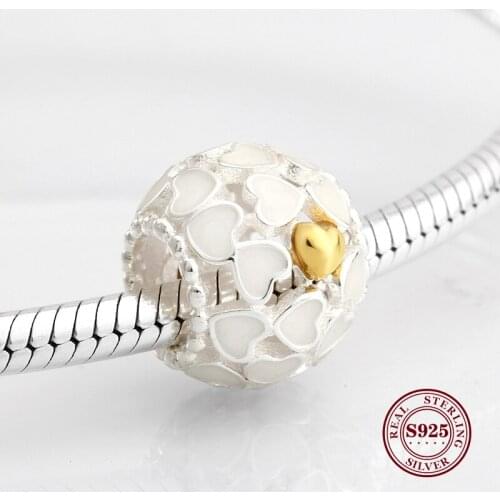 Fashion 925 Sterling Silver Dramatic White Enamel Heart Golden Beads Fit Original Charm Bracelet Jewelry Making