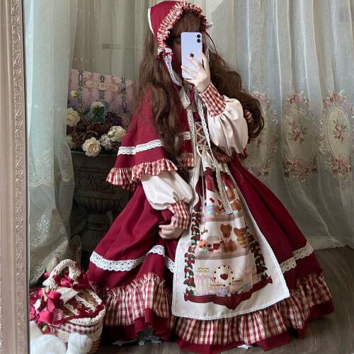 Gothic Lolita Dress Victorian Little Red Riding Hood Cosplay Lolita Christmas New Year Red Cape Girl Op Long Sleeve Dress