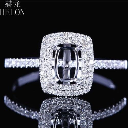 HELON Cushion 4X6mm Solid 10K White Gold Two Halo Pave 0.25ct Natural Diamonds Women Jewelry Semi Mount Engagement Wedding Ring