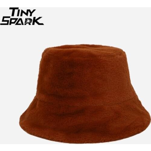 Hip Hop Bucket Hats Streetwear Plain Furry Hat 2021 Women Harajuku Cotton Plush Warm Fashion Fisherman Hat Black White Hat