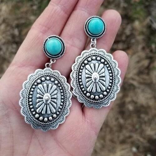 Indian Wedding Stone Earrings for Women Bohemia Geometric Statement Ethnic Retro Geometric Turquoise Earrings Pendant Jewelry